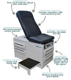 UMF EXAM TABLE WITH ADJUSTABLE BACKREST, STIRRUPS,STEP STOOL AND DRAWERS